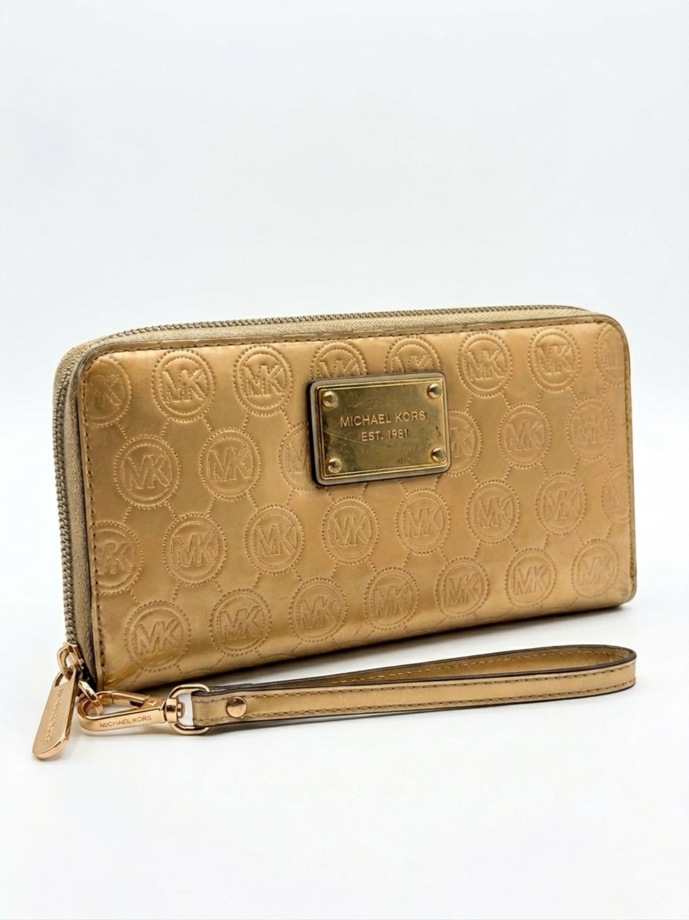 Michael Kors Gold Metallic Monogram Wristlet Zip Around Wallet Bag Plaque